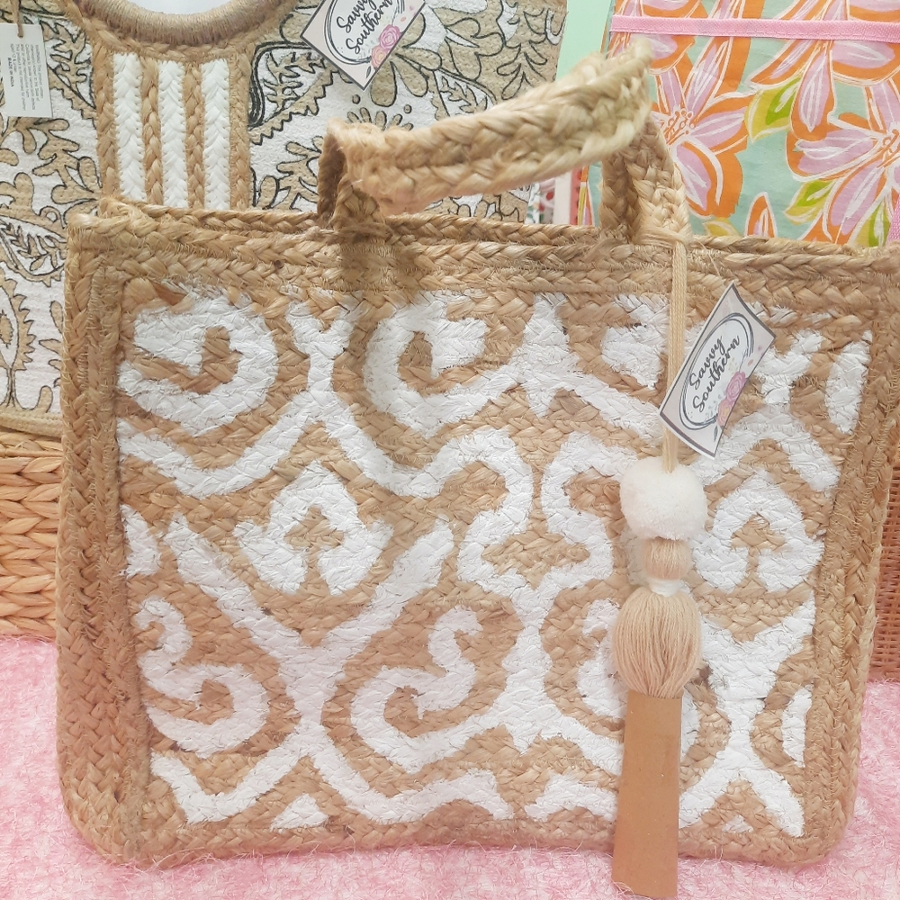 New Tan & White Woven Jute Tote Bag -  Arabesque Print - Stylish Summer Bag